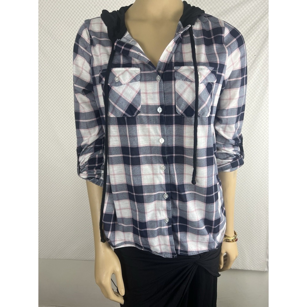 Always Indigo Women's Jr's Size X-L Hooded Plaid Button Up Long Sleeve Shirt